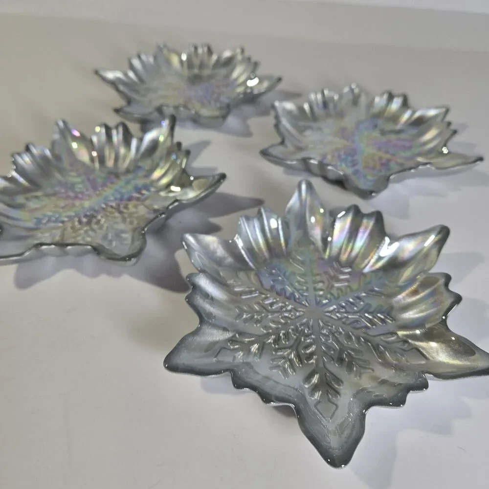 Akcam Turkish Glass Snowflake Dessert Plates Set of 4 Iridescent Pearl 6